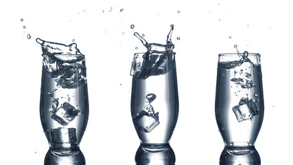 Falling of ice cubes in glasses of clear water on white background