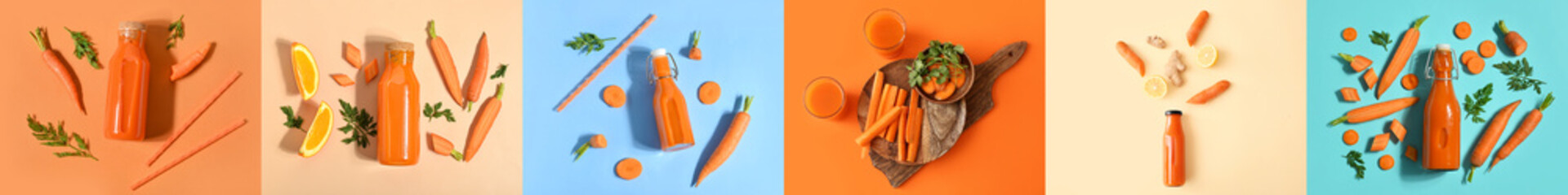 Set of healthy carrot juice on color background, top view