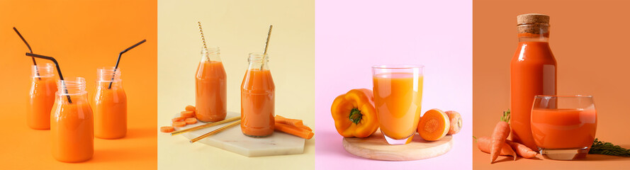 Set of healthy carrot juice on color background