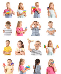 Set of little children with autism on white background