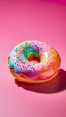 Colorful donut covered in sprinkles, set against vibrant pink background. For bakery website, dessert advertisement, cafe, restaurant menu, on food blog, social media, culinary book, magazine. banner.