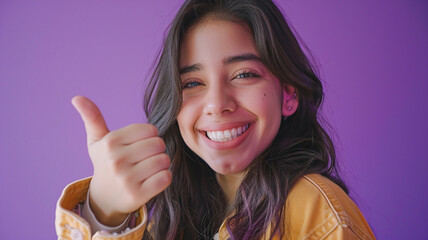 Photo of lovely young woman show you thumb up give compliment promote product isolated on purple color background. - obrazy, fototapety, plakaty