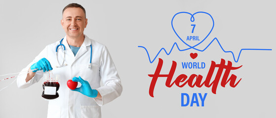 Mature doctor with blood pack for transfusion and heart on light background