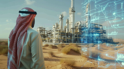 Arabian businessman standing in the middle of the oil refinery. The concept of oil and gas industry.
