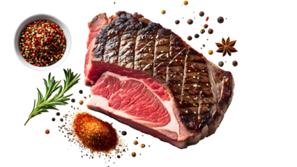 Juicy marbled beef rib eye steak with spices on white background. Ideal for food blogs, cooking recipes, and restaurant menus. Mouthwatering gourmet cuisine.