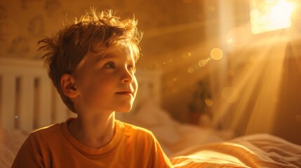 A young boy in yellow shirt looking up at the sun, AI - Powered by Adobe