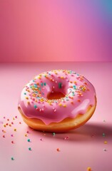 Colorful donut covered in sprinkles, set against vibrant pink background. For bakery website, dessert advertisement, cafe, restaurant menu, on food blog, social media, culinary book, magazine. banner.