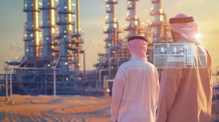 Arab man and woman standing in front of oil refinery at sunset. - obrazy, fototapety, plakaty