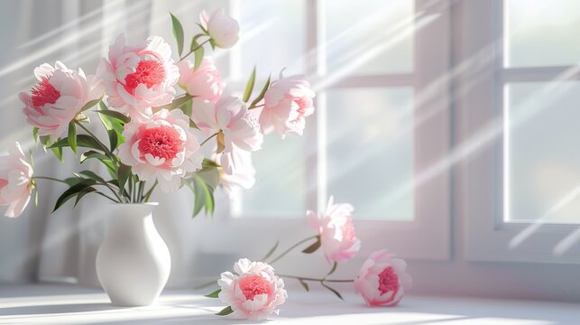 Peonies in Sunbeams: A Vase Filled with Pink and White Blooms on a Windowsill Generative AI