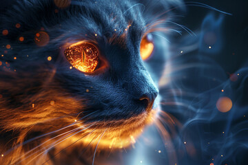 cat made of glowing blue and red energy lines, neon, digital data streams, fantasy style, magical realism