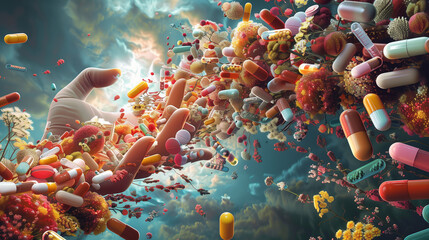 3d rendering of bacteria and viruses in abstract background with copy space - obrazy, fototapety, plakaty