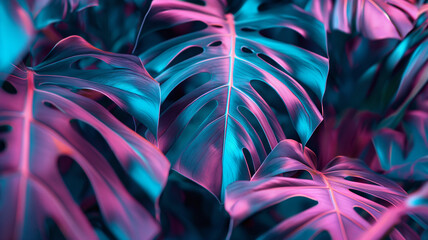 Vibrant Monstera Leaf Close-Up with Vivid Pink and Blue Hues - obrazy, fototapety, plakaty