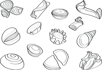 Set of portuguese sweets black line doodles.