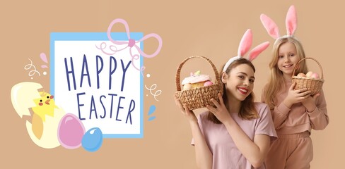Cute little girl and her mother with bunny ears and baskets on brown background. Easter banner