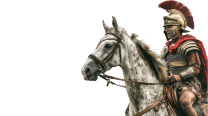 Roman soldier on a horse isolated on white created with Generative AI
