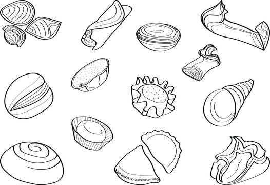Portuguese sweets doodle icons set, black line illustrations of pastel de nata, bola de berlim, travesseiro and queijada for bakery, menu and food design