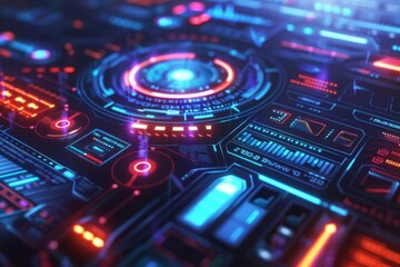 Futuristic holographic user interface with glowing buttons and data displays, sci-fi technology concept, digital art - obrazy, fototapety, plakaty