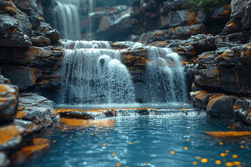 A cascading waterfall nestled within a rocky gorge, creating a mesmerizing spectacle of nature's raw power. Concept of dynamic water features. Generative Ai.