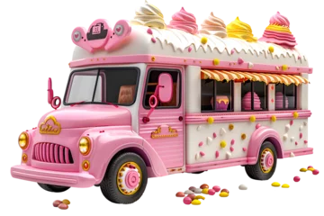 Zelfklevend Fotobehang A playful 3D animated cartoon render of an ice cream truck with a catchy jingle. © Render John