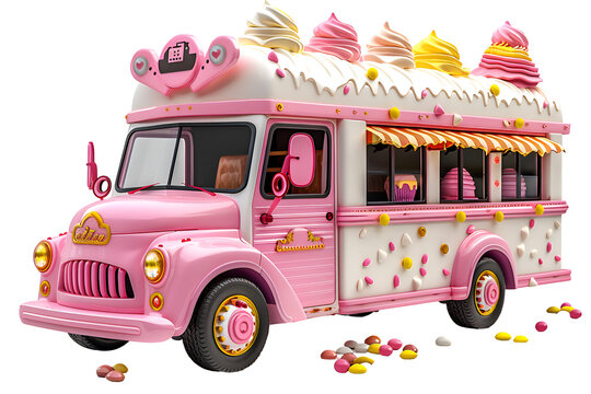 A playful 3D animated cartoon render of an ice cream truck with a catchy jingle.