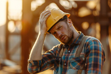 Sad construction worker feeling upset and depressed emotion