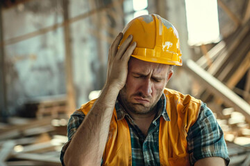 Construction worker feeling sad, unhappy, upset and depressed - obrazy, fototapety, plakaty