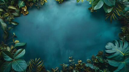 Fototapeta na wymiar Elegant Green Foliage Framing a Classic Blue Canvas Background