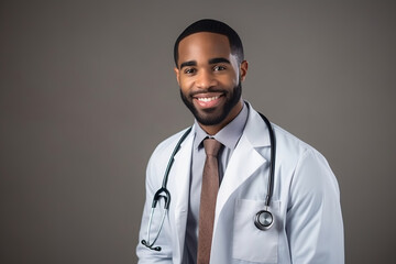 Young black male doctor wearing a white coat and stethoscope, gray background