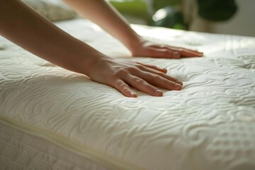 Hand pressing memory foam mattress for sleep test concept - obrazy, fototapety, plakaty