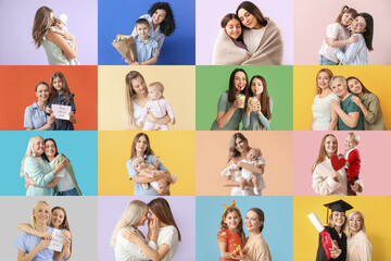 Collage with happy women and children on color background. Mother's Day