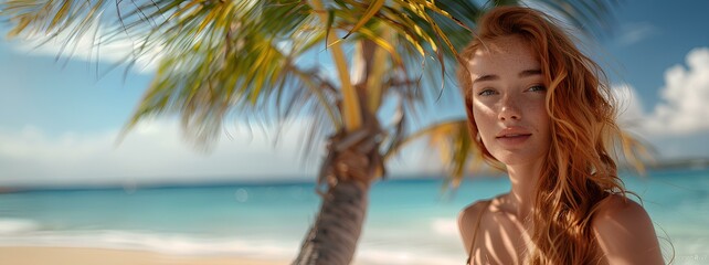 portrait of a very beautiful young red-haired woman in front of an exotic paradise beach