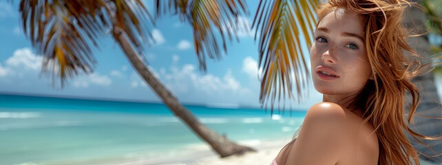 portrait of a very beautiful young red-haired woman in front of an exotic paradise beach