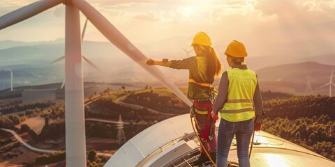 Engineers Overseeing Wind Turbine Operations at Sunset to Harness Renewable Energy, Generative AI