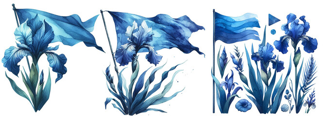 Blue irises and a blue flag. - obrazy, fototapety, plakaty