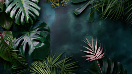 Fototapeta premium Contrast of Dark Green Tropical Leaves Against Textured Background