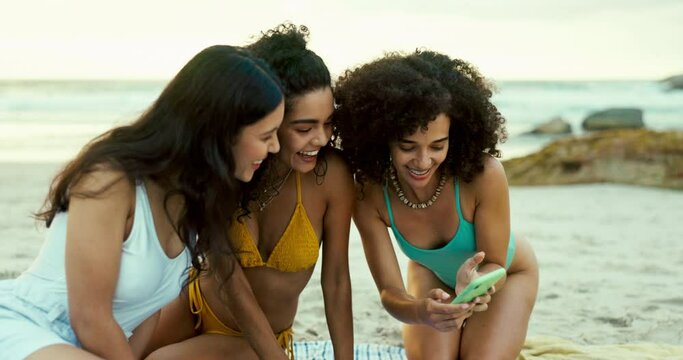 Women, selfie or friends hug on beach for a fun holiday vacation for a trip or memory together. Smile, laughing or group of happy people in profile picture for wellness, support or photo with love