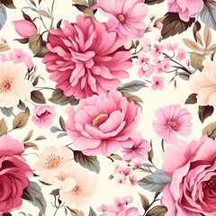 Watercolor peony seamless pattern rose white background
