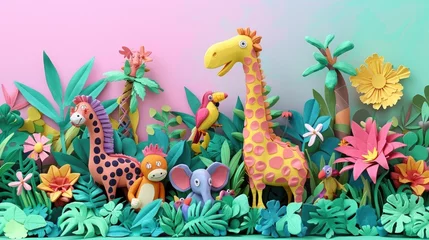 Fotobehang Clay Animals Explore a Vibrant Fantasy Jungle Landscape with Clouds and Foliage © Sittichok