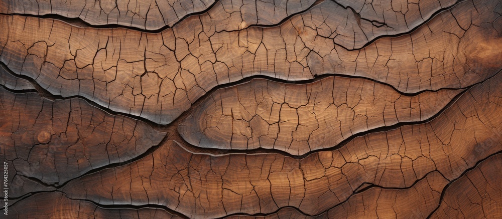 Poster a detailed close-up of a wooden surface displaying an intricate and unique pattern of cracks
