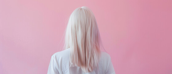 Platinum blonde hair girl from behind against a soft pink background.