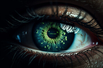 eye with vibrant green iris, futuristic artwork, macro, close up, green, blue color, diversity
