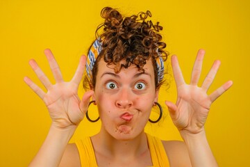 portrait of a woman making a face on a yellow background, humor, fun, laughter
