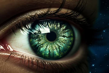 Selbstklebende Fototapeten eye iris with a reflection of nature, trees and sky, futuristic artwork, macro, close up, green, environmental protection © zgurski1980