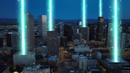 Graphic of Smart modern city skyline at dawn with glowing lines connecting to satellites. Binary...