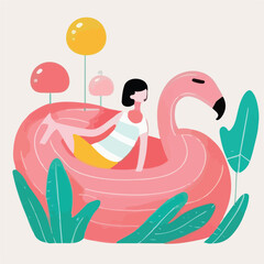 Happy woman on inflatable flamingo 2D linear cartoo