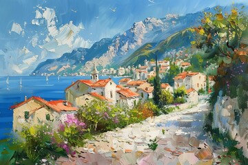 Idyllic Mediterranean coastal town with mountainous backdrop, oil painting - obrazy, fototapety, plakaty
