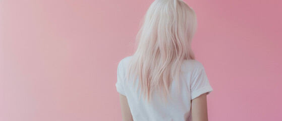 Fototapeta na wymiar Platinum blonde hair girl from behind against a soft pink background.