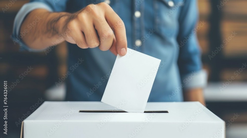 Poster a man is putting a paper into a voting box. generative ai.