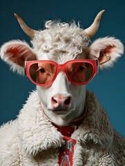 A cow wearing red sunglasses and a scarf. Generative AI.