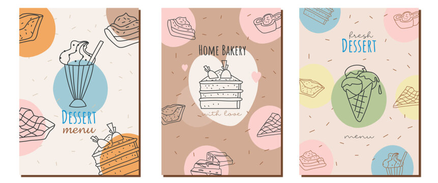 Vector printable design of dessert menu. Bakery greeting business cards, tags. Colorful hand drawn outline cute illustrations of desserts.